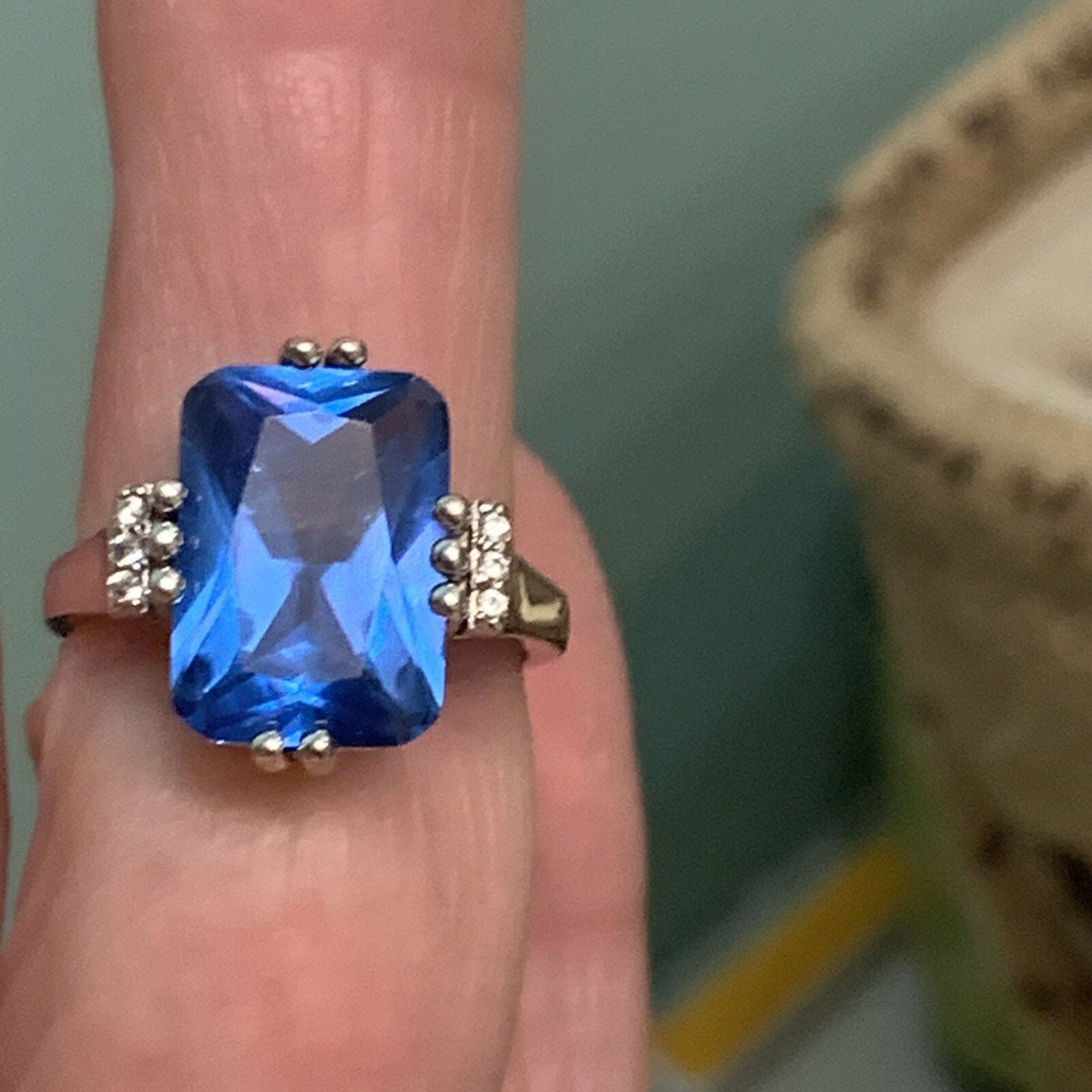 925 Sterling DK Created Blue Spinel And Accent Stones Ring Size 7
