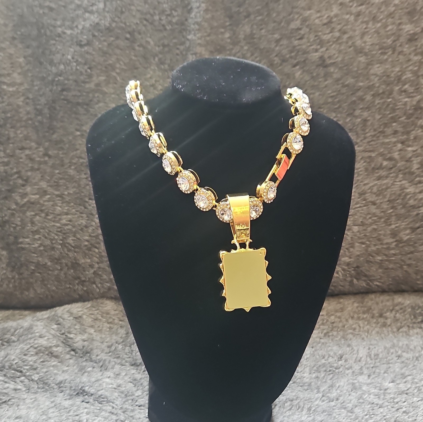 Gold Tone Link Chain Necklace w/ Clear CZ Rhinestone Rectangular Charm Pendant