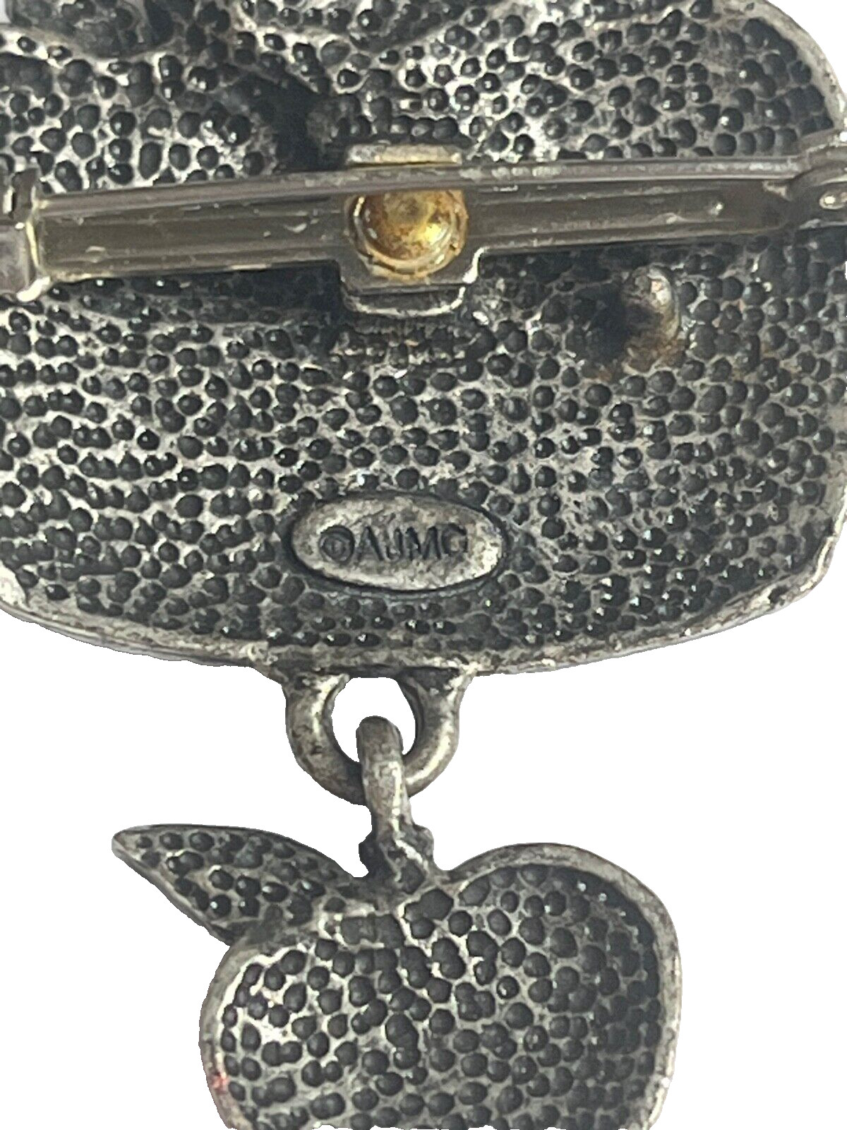 AJMC Vintage Pewter Brooch Pin Enamel Red Green Apple Basket Teacher Charm