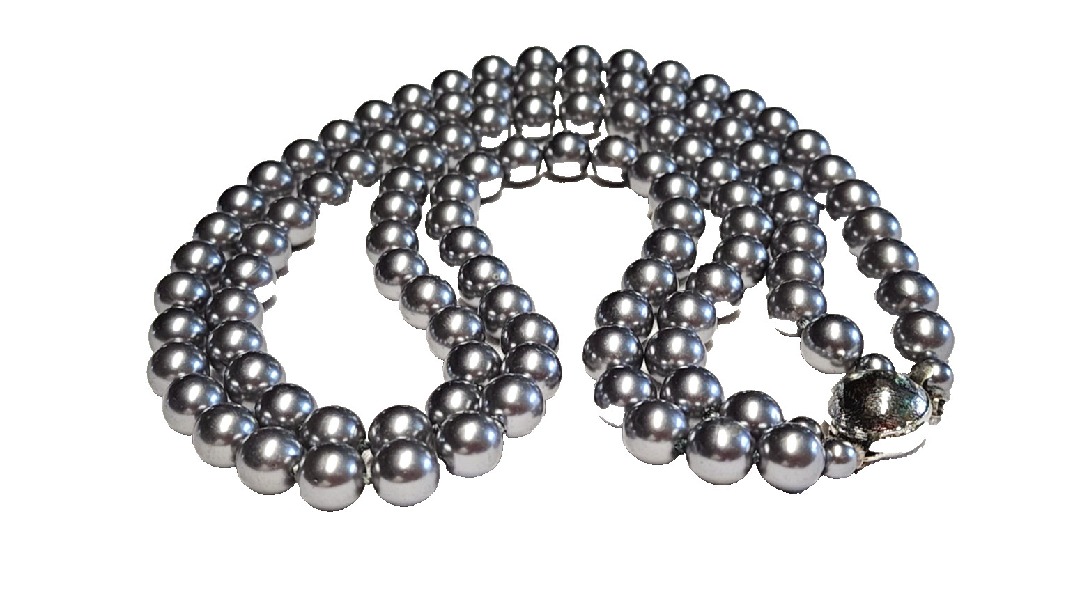 Vintage Silver Gray Long Faux Glass Pearl Necklace Pretty Push Lock Clasp 22”