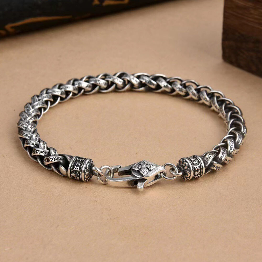 Real S925 Sterling Silver Chain 6mm Six Words Wheat Link Bracelet 34-35g 7.9inch