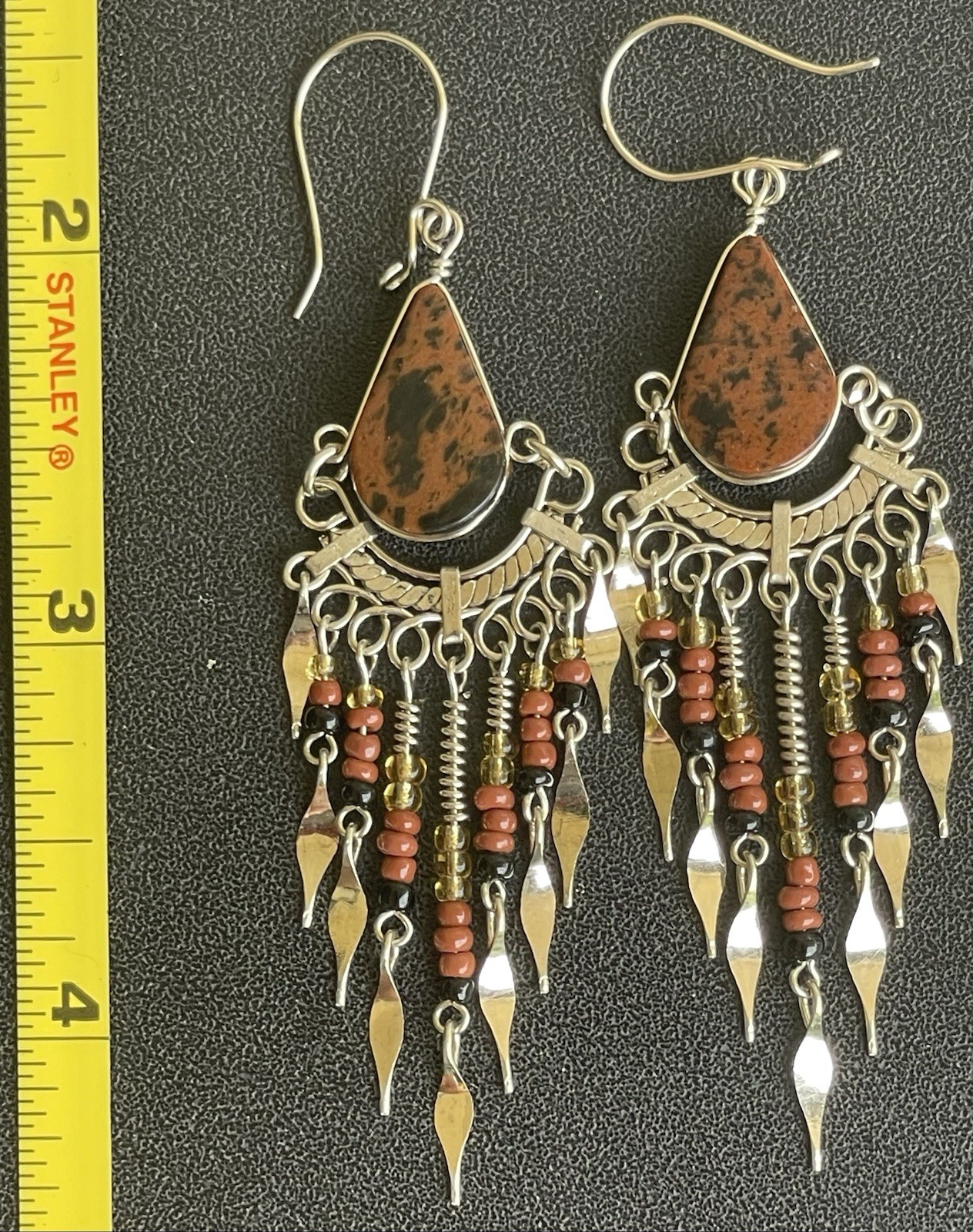 Peruvian Mahogany Obsidian Semi-Precious Stone Seed Bead Earrings Handmade Boho