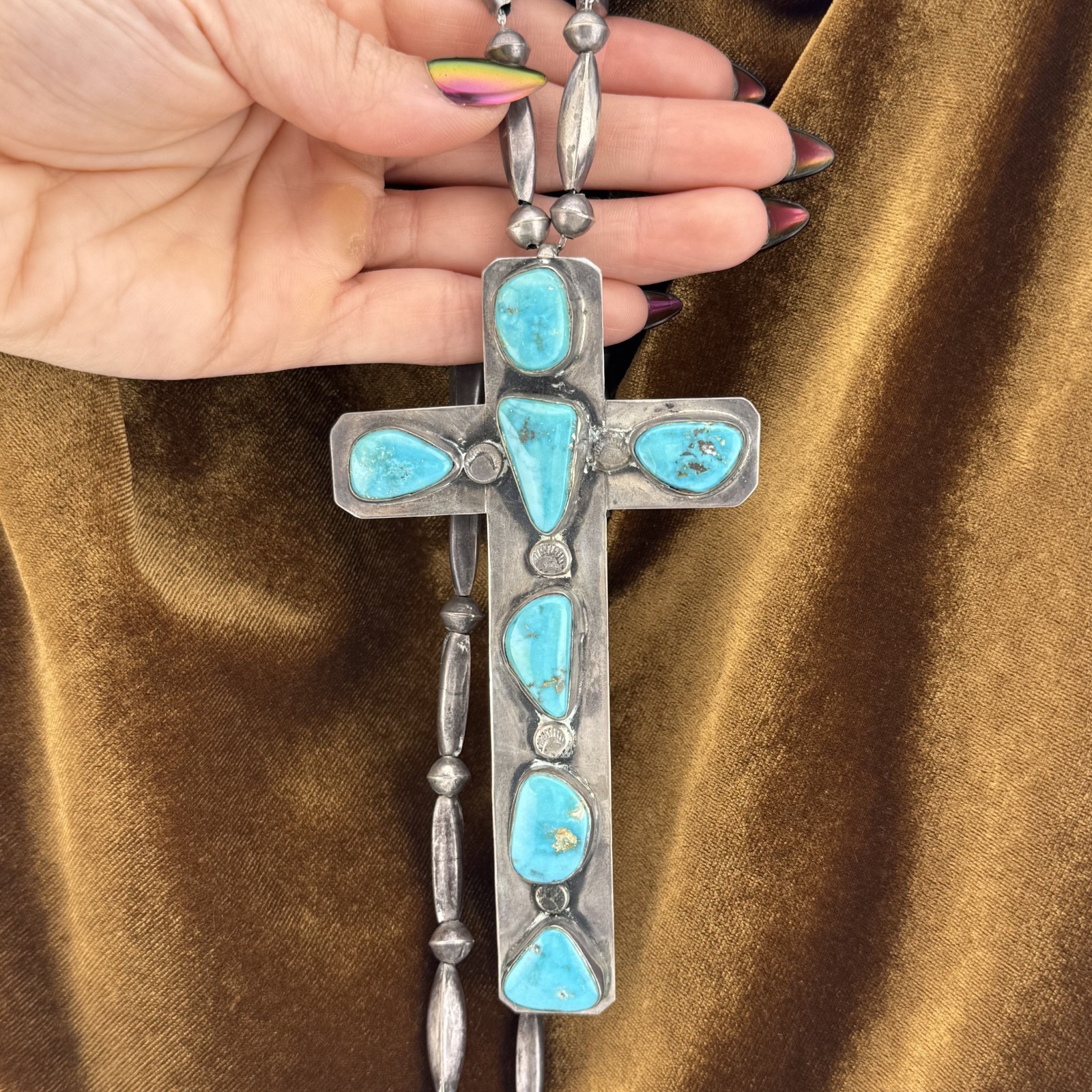 Large Vintage Southwestern Sterling Silver & Turquoise Cross Necklace 77.8g