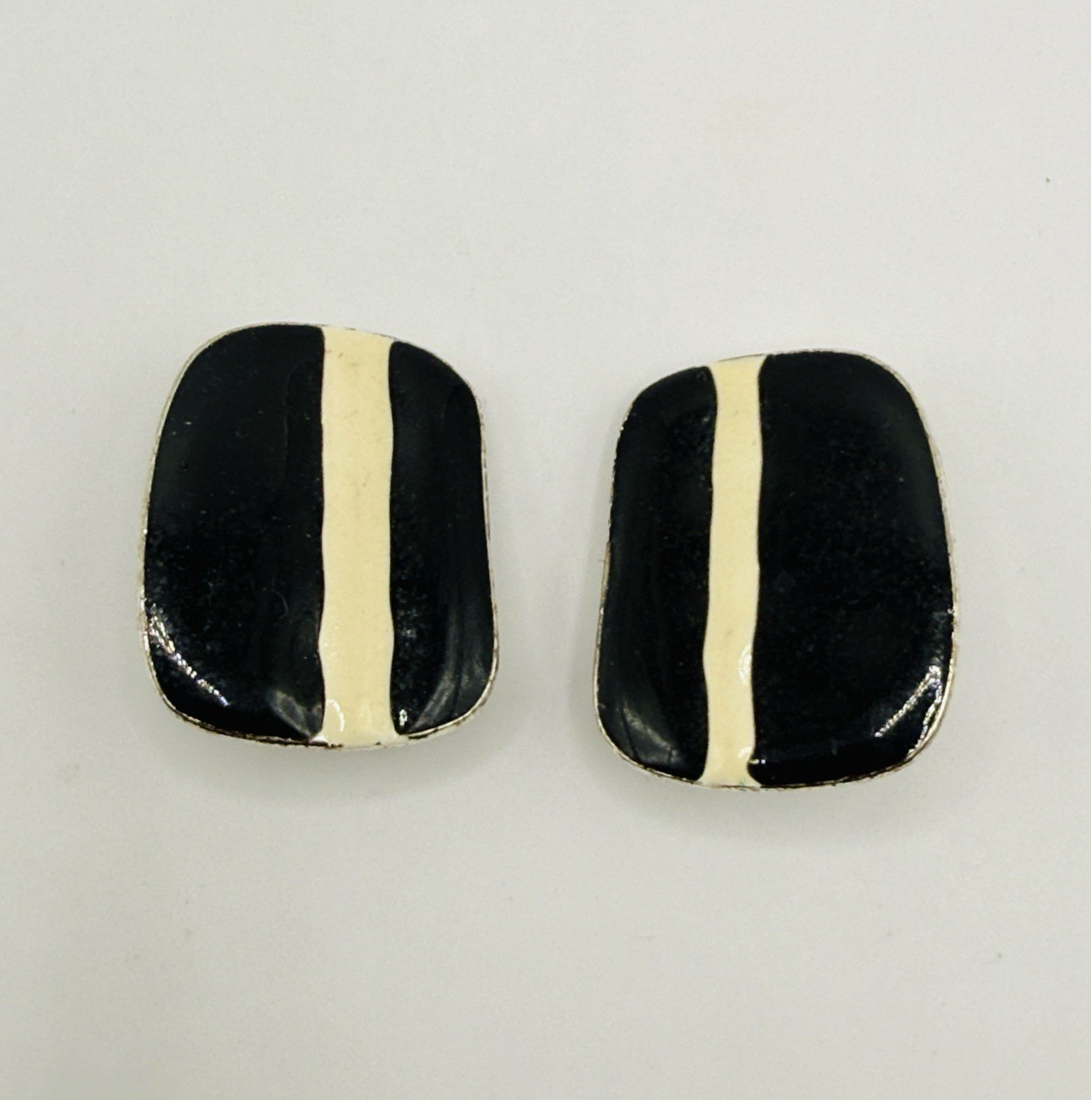 Vintage Black Beige Enamel Clip On Large Statement Earrings