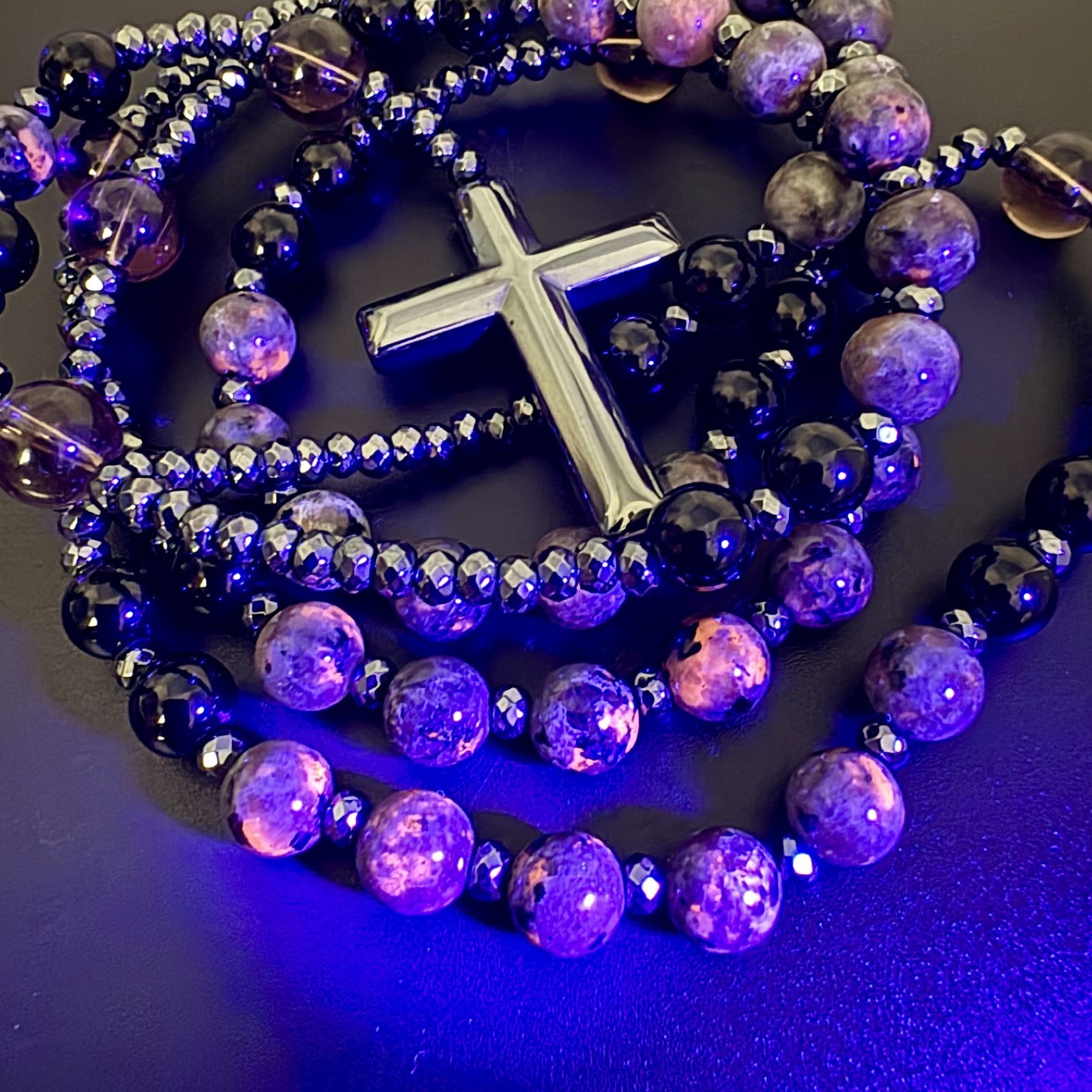 Yooperlite Black Onyx Smokey Quartz Bead Black Hematite Cross Rosary Necklace