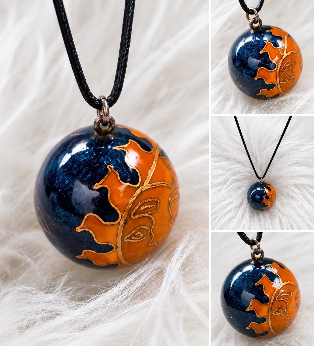 Blue Orange Round Ceramic Charm Pendant Necklace Black Cord Chain No Stone