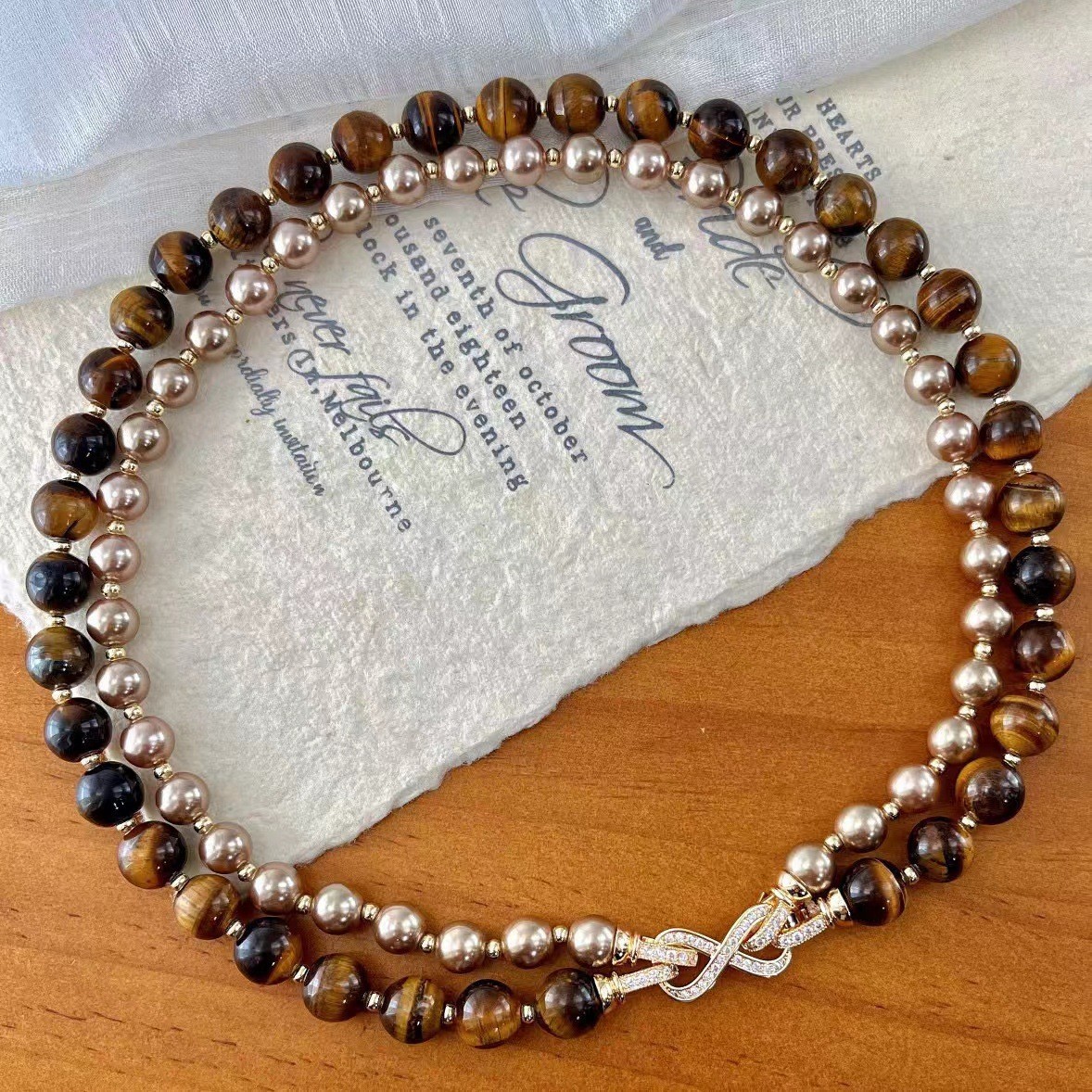 Meirade Style 8+10mm/0.32+0.39in Tiger’s Eye Double-Layer Pearl Necklace