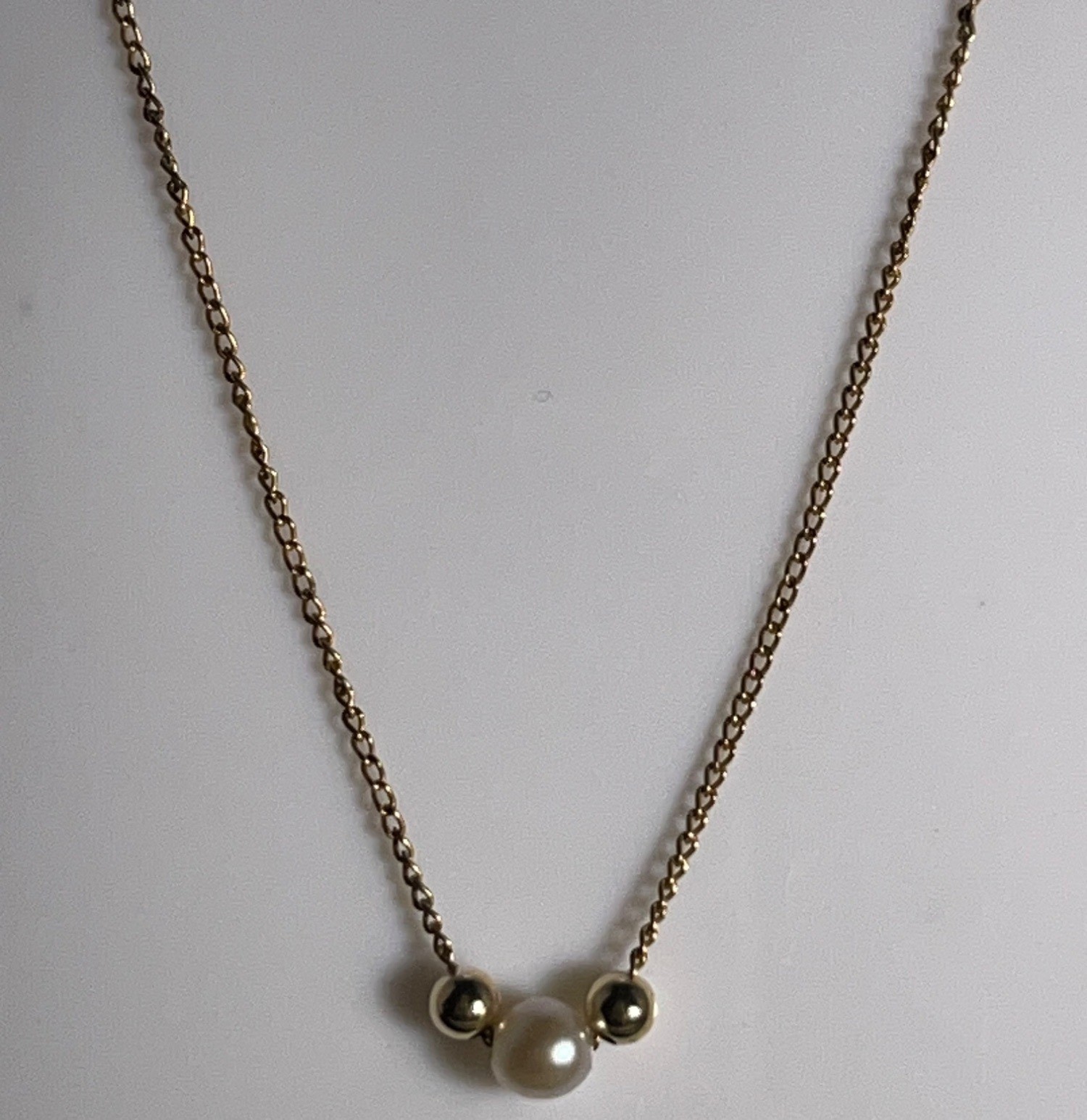 Vintage MS Co 14K Gold Filled Necklace Faux Pearl Minimalist Dainty Chain Signed