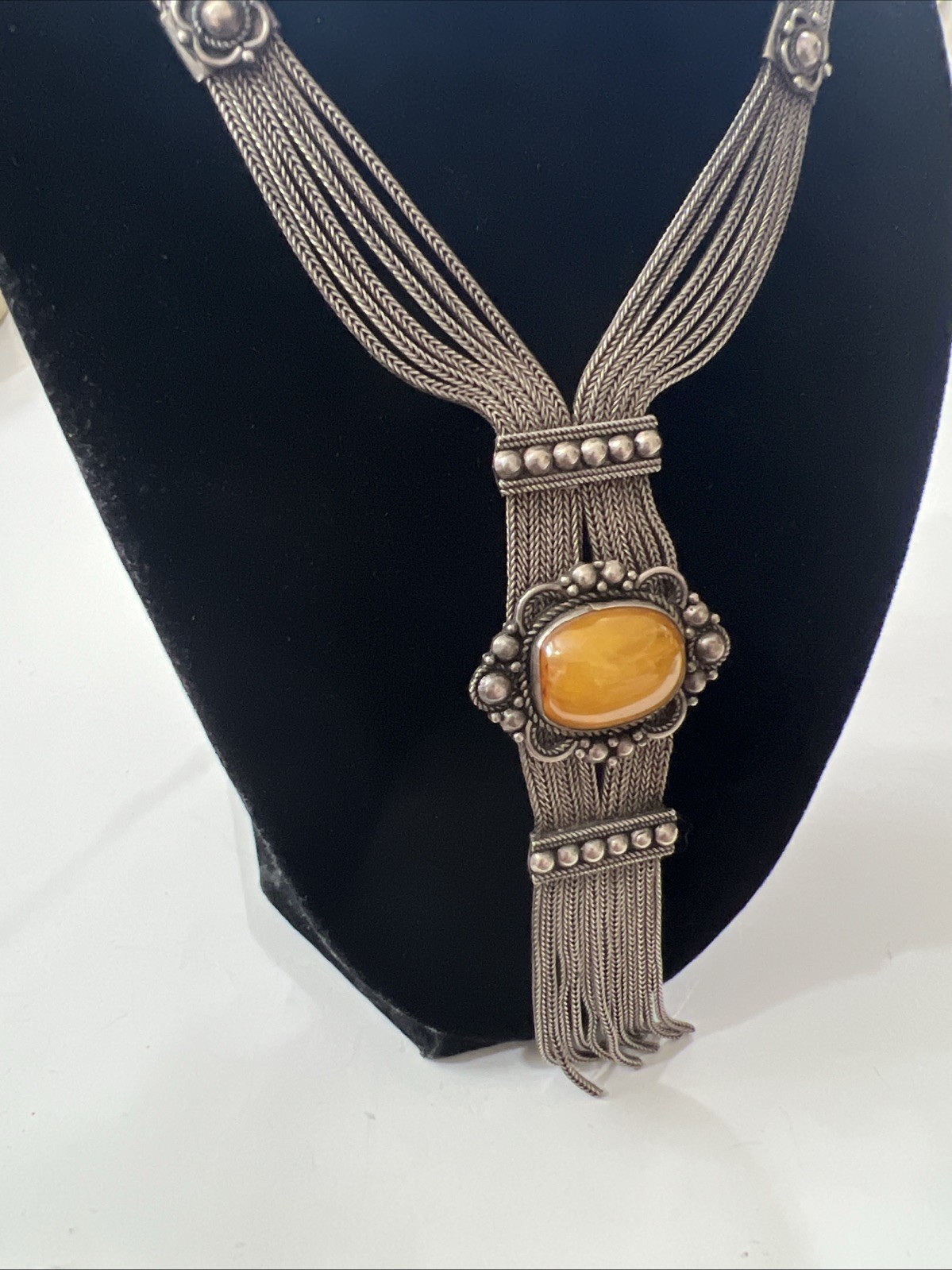 Sterling Silver 925 Honey Amber Multi Strand Foxtail Chain Tassel Necklace
