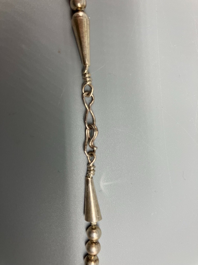 SILVER BEAD AND TURQUOISE NECKLACE 19 1/2 INCHES LONG