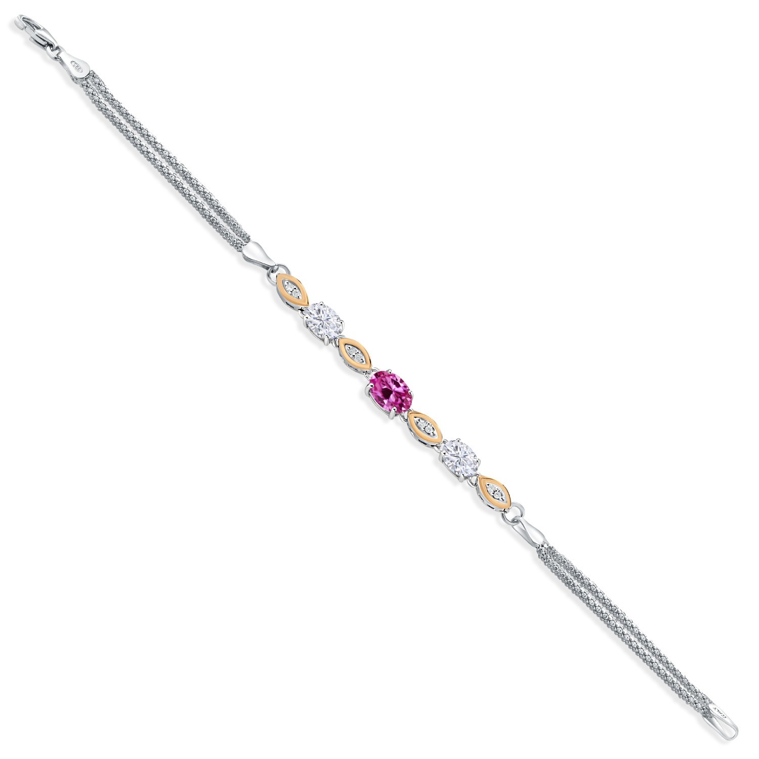 925 Silver and 10K Yellow Gold Pink Created Sapphire and White Moissanite and