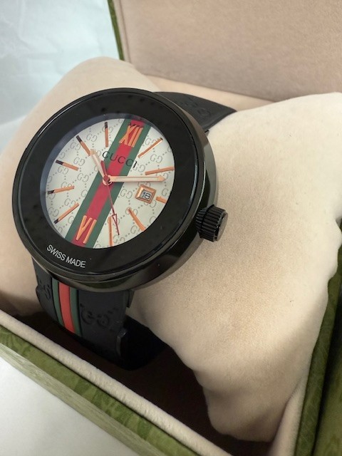 Gucci Swiss Made Black Case Watch White Dial 43mm Green Red Black Rubber Band