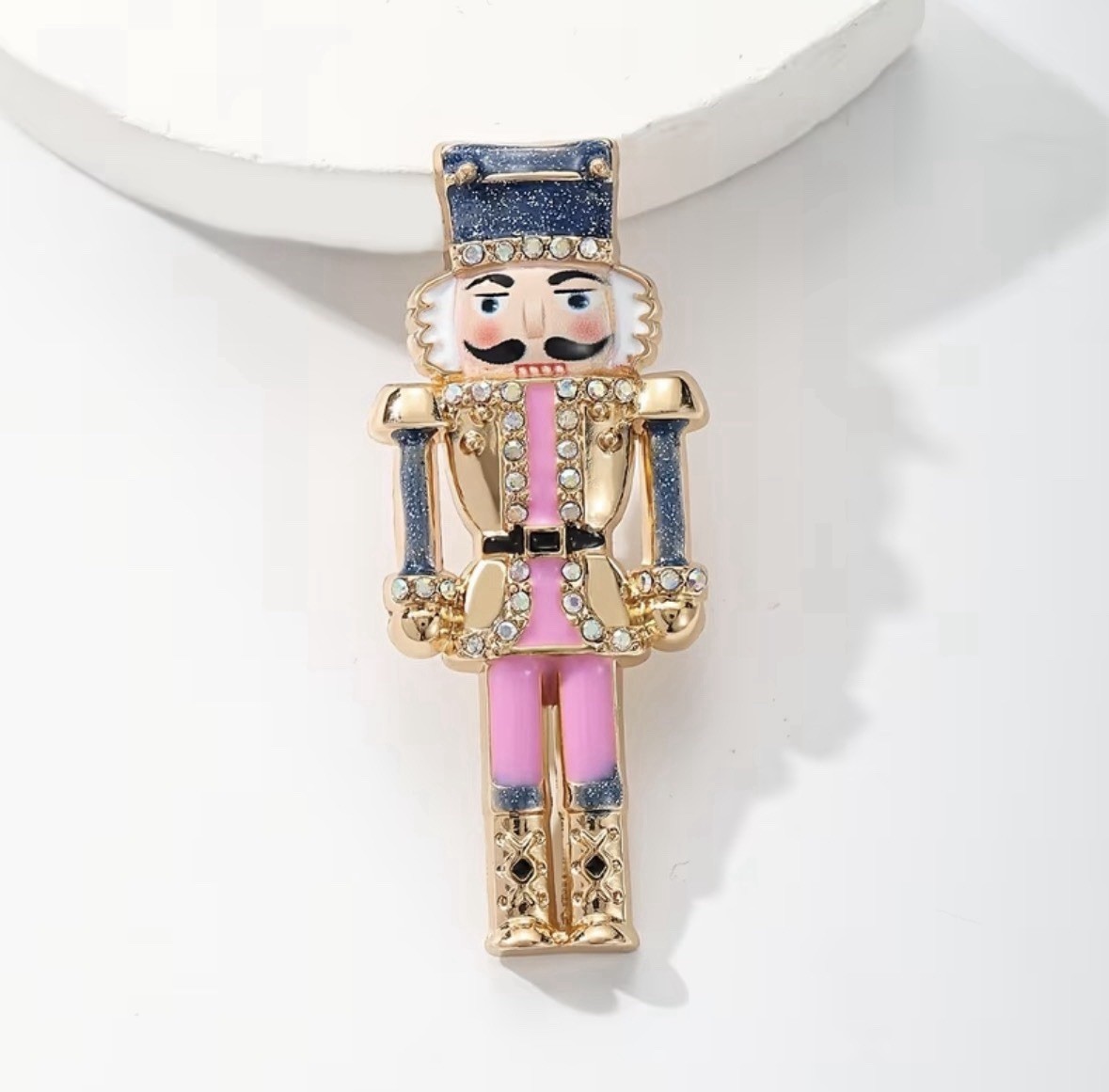 Pink Nutcracker Soldier Rhinestone Brooch Pin Gold Tone Christmas Holiday Gift