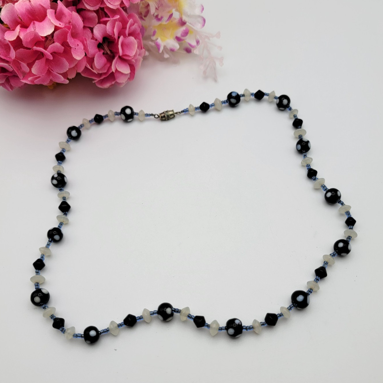 Vintage White Moonglow And Black Polka Dot Glass Dainty Beaded Necklace 20.5 In