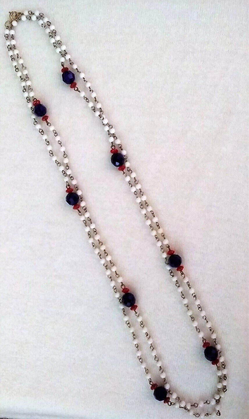 VINTAGE MULTICOLOR RED WHITE BLUE BEADED PATRIOTIC CHAIN BEADS NECKLACE 56″ LONG