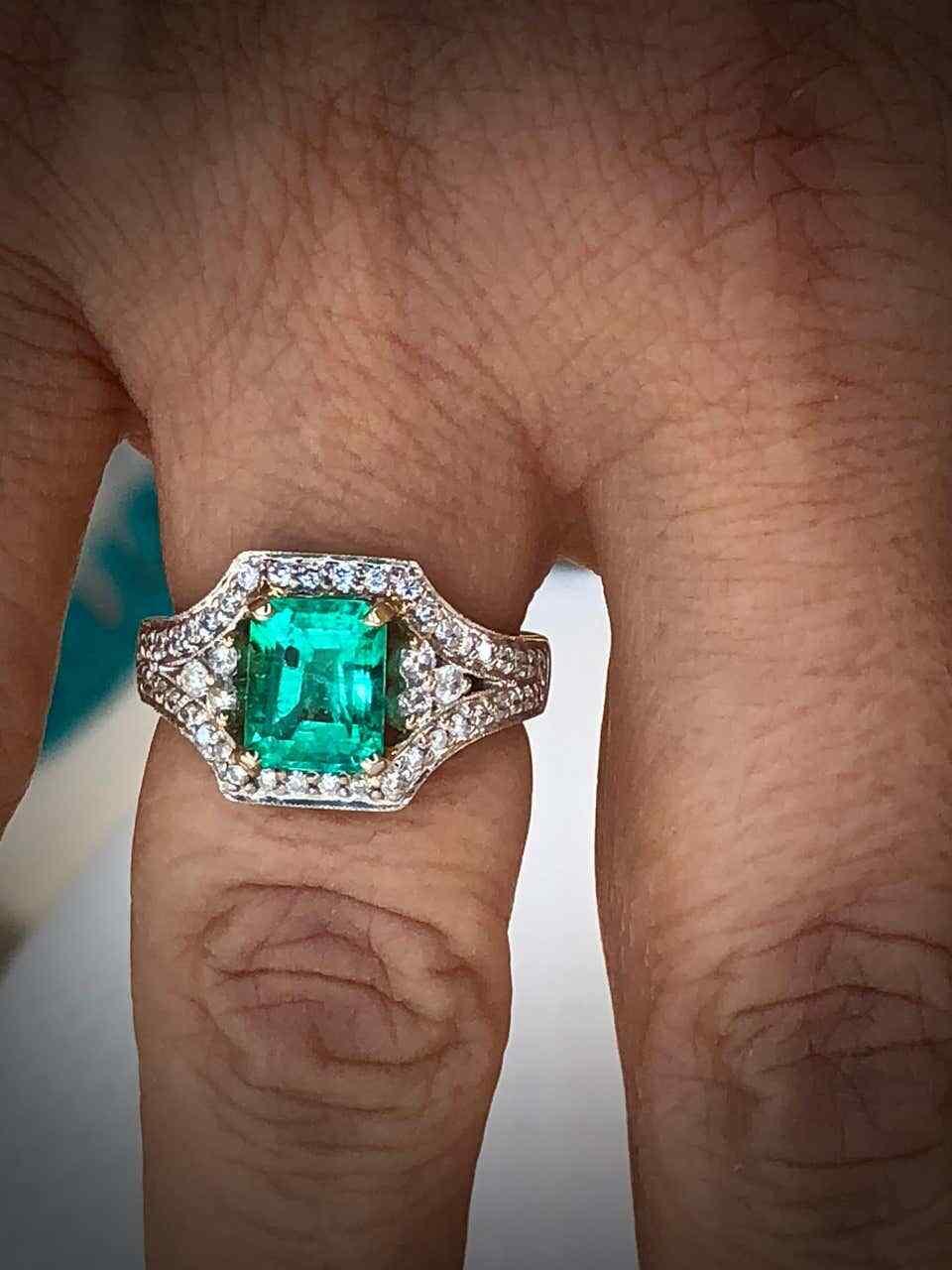 Lab-Created Green Colombian 2.28CT Emerald With Old Mine Cut CZ Vintage Ring