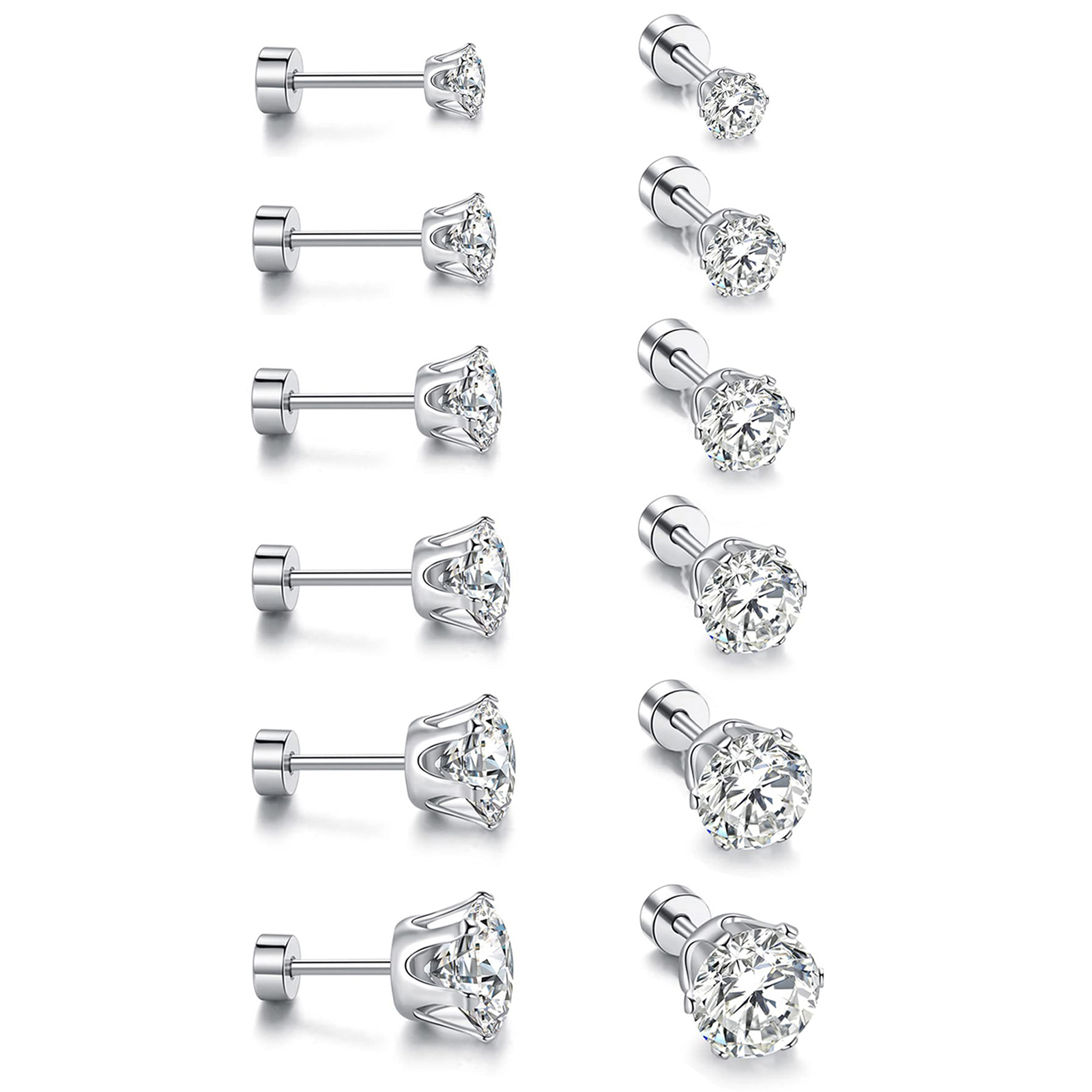 6 Pairs Stainless Steel Round Cubic Zirconia Stud Earrings Set for Men Women