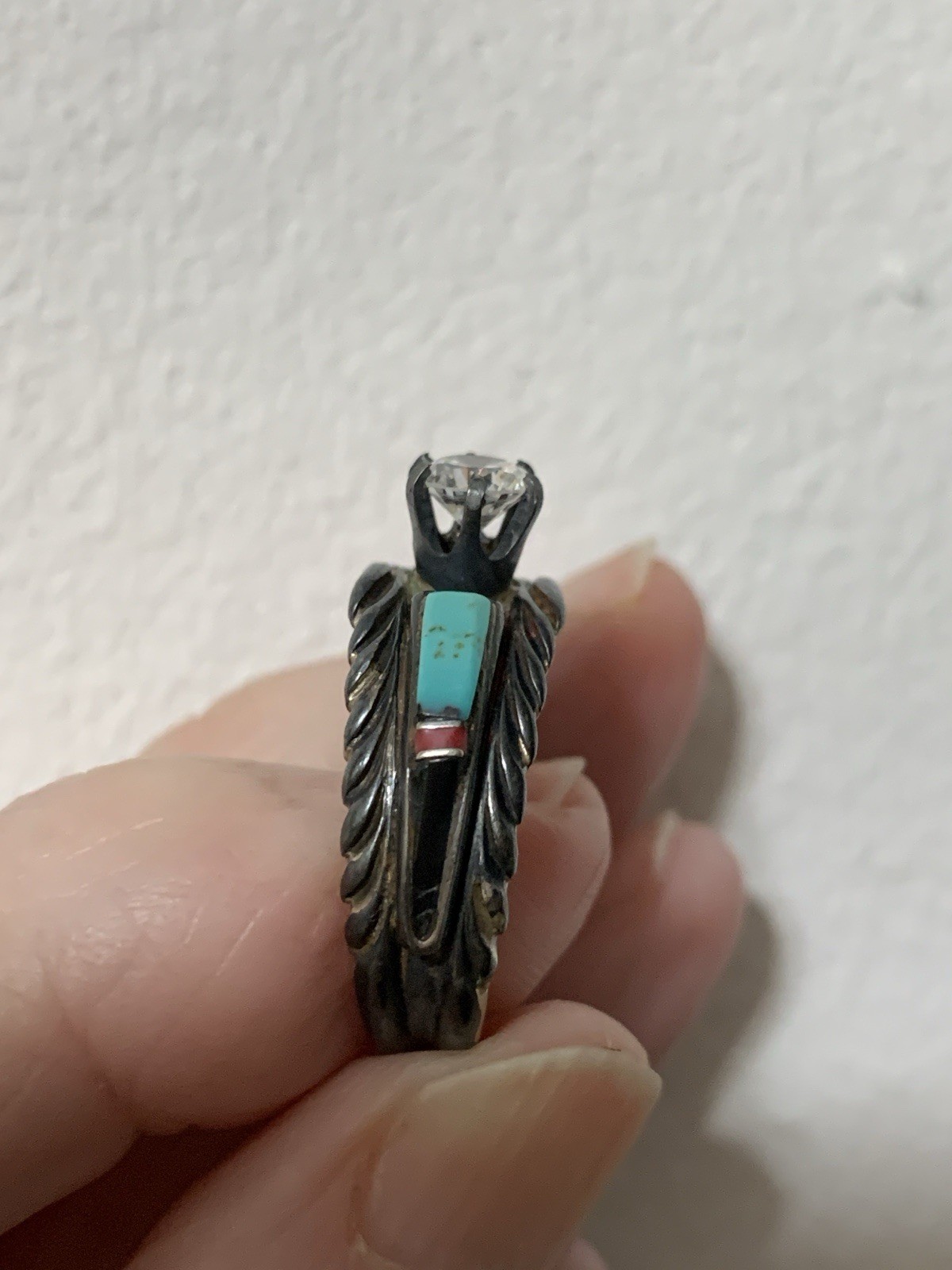 American Navajo Style Woman’s SS Engagement Ring,Inlaid Turquoise,CZ center, 7.5