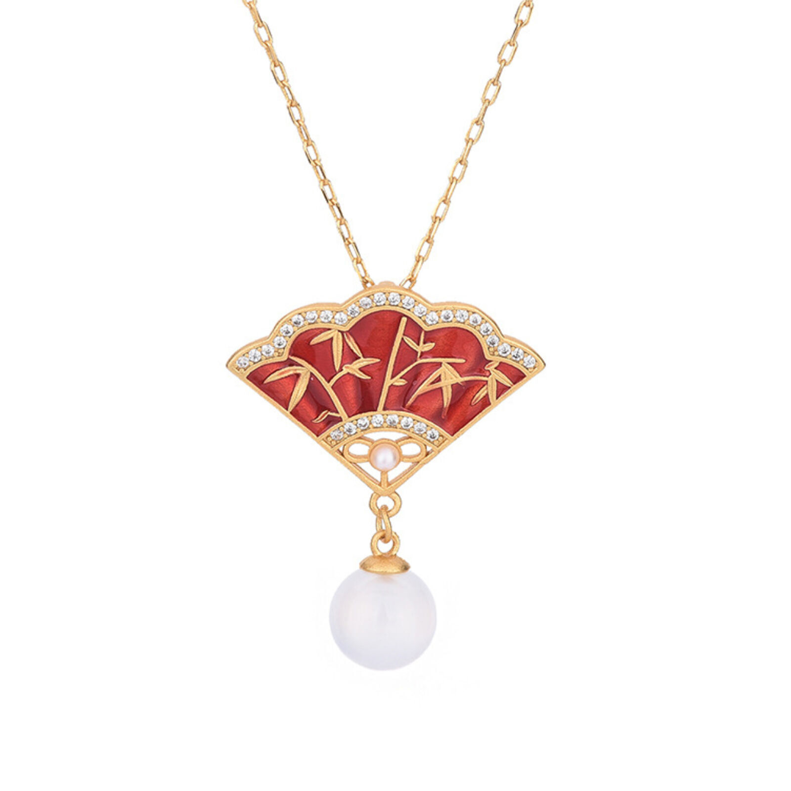 Jade Jewelry Cloisonne Fan Charm Pendant With Chain Necklace Gold Plated Gift