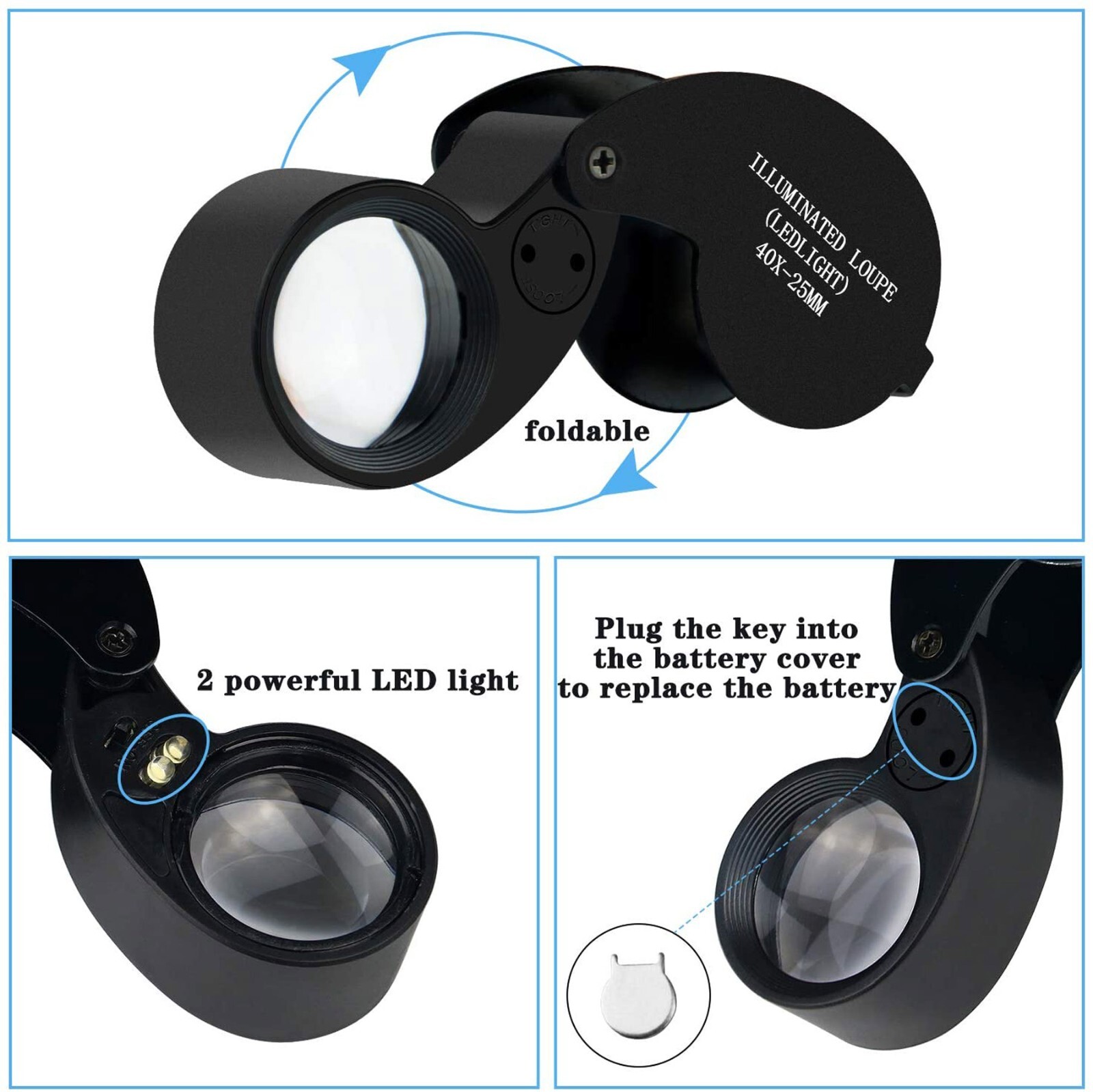 40X Jewelers Loupe Magnifier Light Jewelry Eye Loop Pocket Magnifying Glass Coin