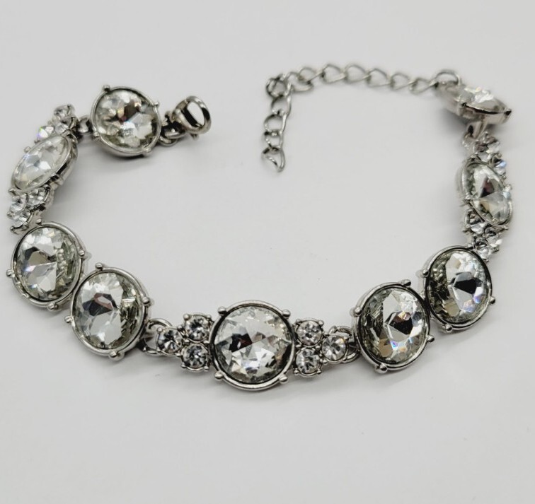 Crystal Bracelet rhinestone Silver Tone 9 in Statement Bridal Prom Wedding #B11