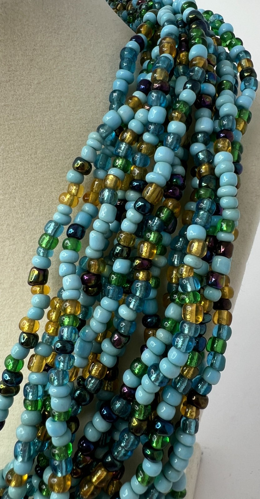 Vintage Lovely 15 Strand Beaded Statement Necklace Blue Green Gold 20″