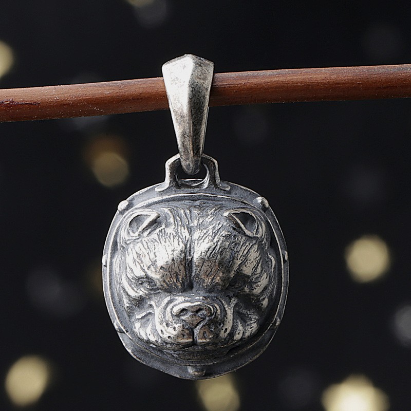 Men’s 925 Sterling Silver American Bully Dog Pendant Necklace Pitbull Biker
