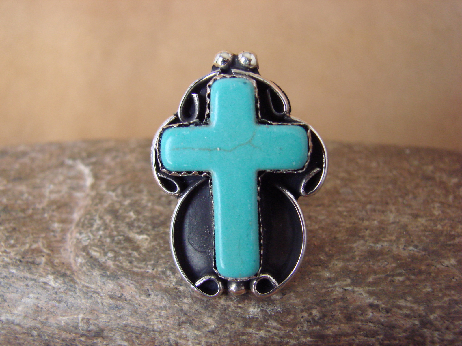 Native American Nickle Silver Turquoise Cross Ring Size 8 1/2 by Phoebe Tolta