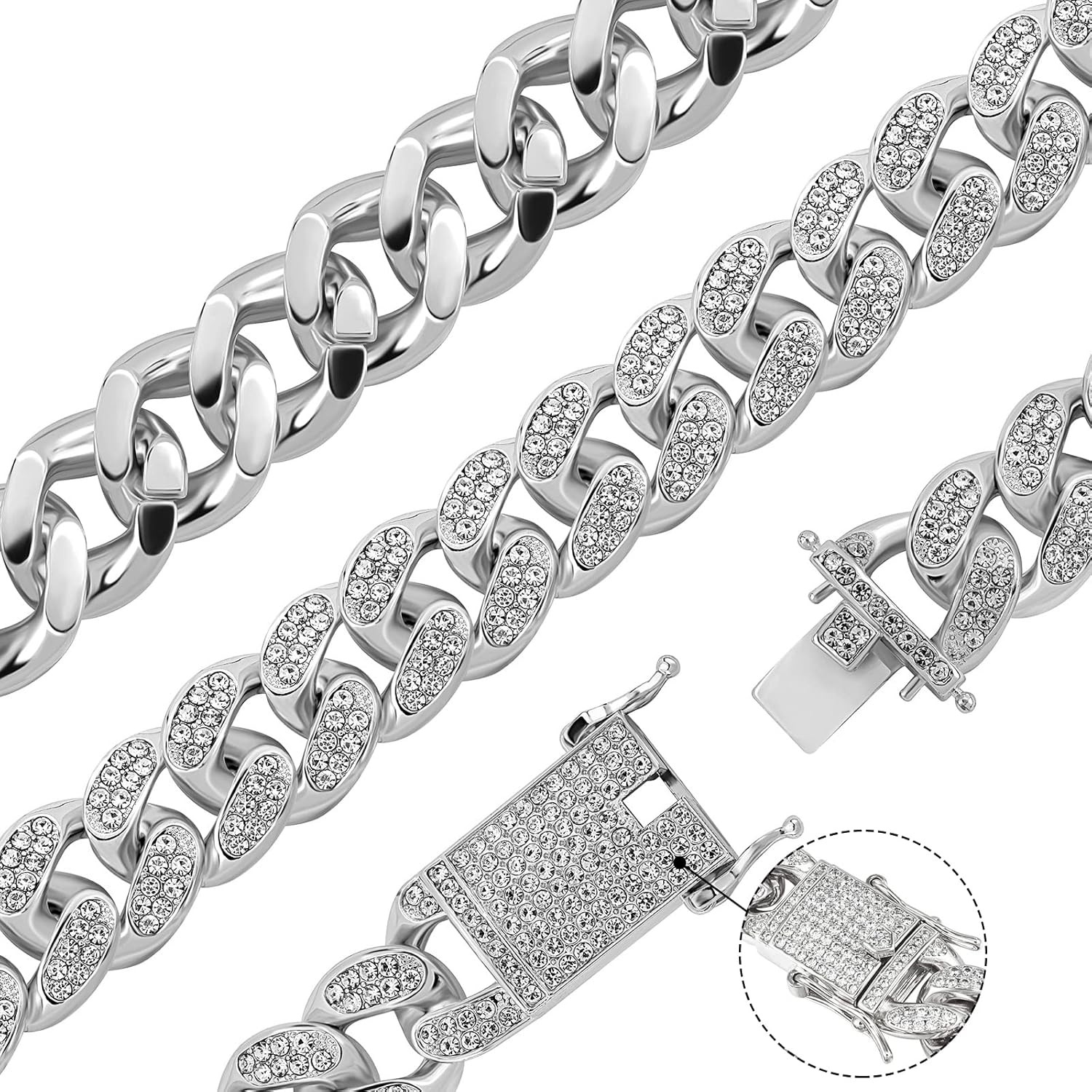 Men’s Cuban Link Chain & Bracelet Set, Silver Iced Out Diamond Hip Hop Jewelry
