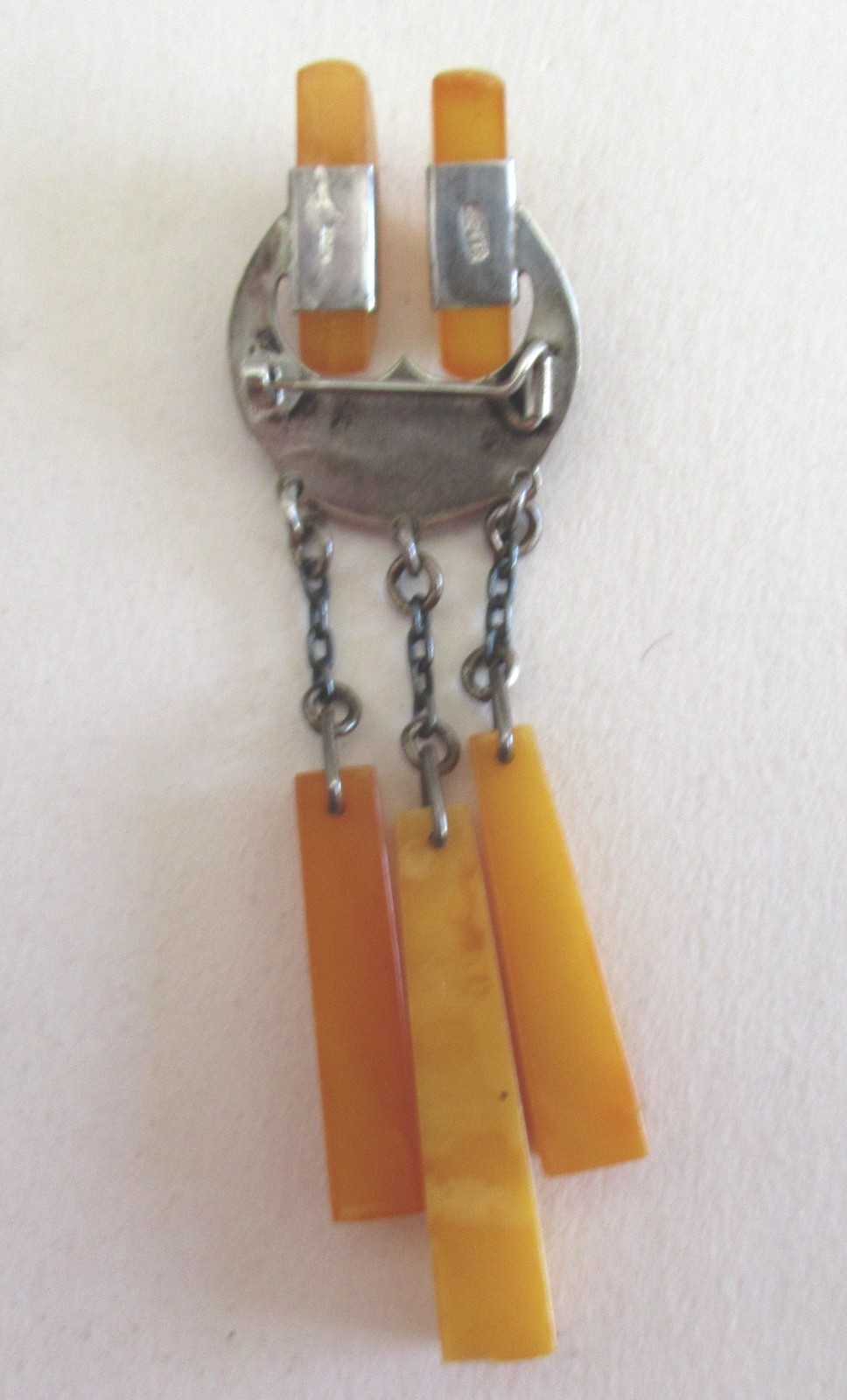RUSSIA STERLING 875 BROOCH w EGG YOLK AMBER 2 7/8 INCHES