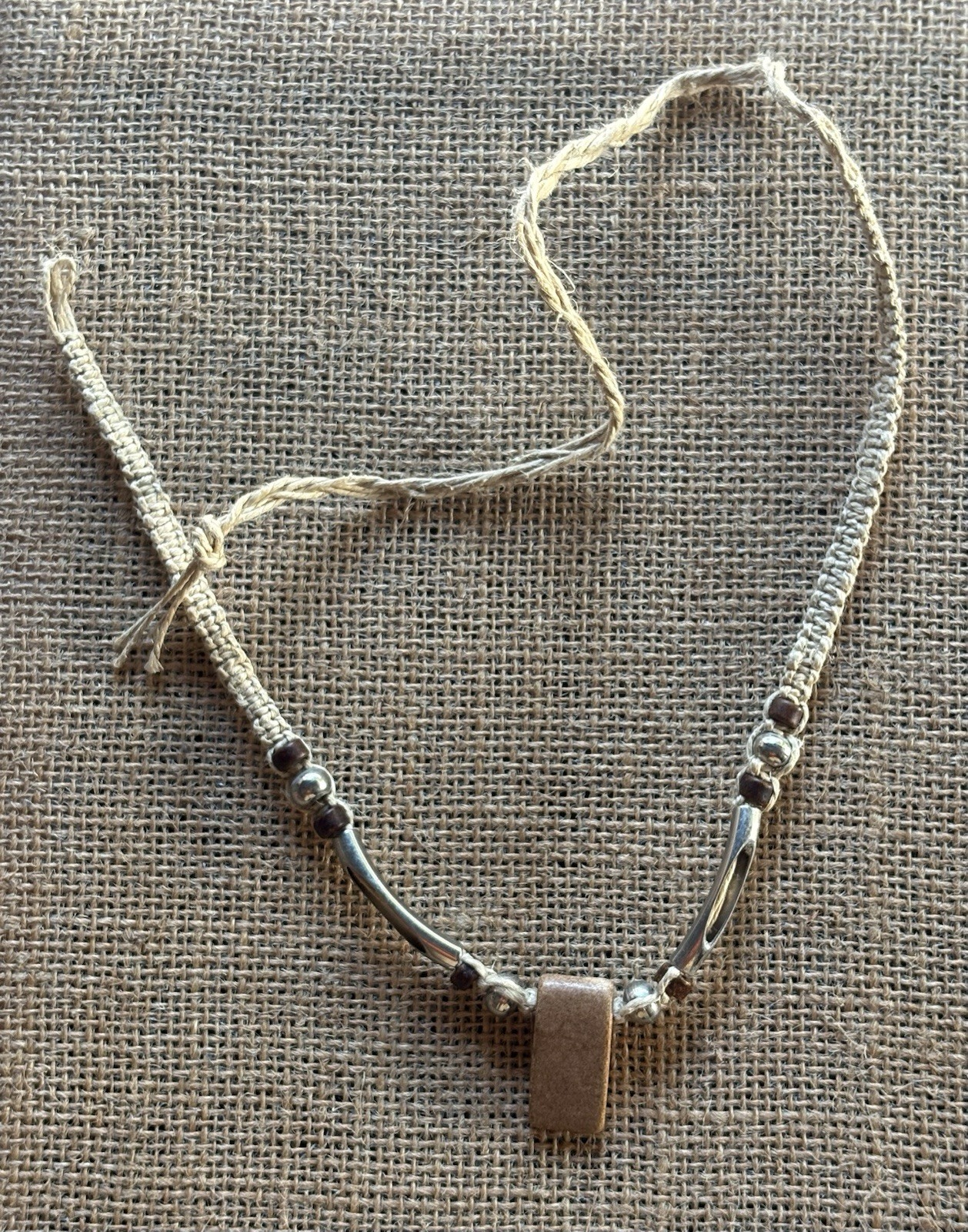 Silver Brown hemp Choker Necklace Rectangle Charm Pendant Adjustable Tie