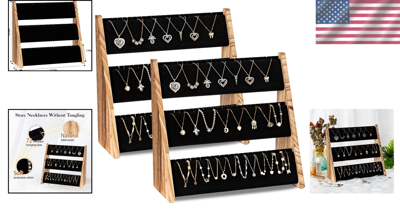 Stylish Necklace Organizer with Velvet Protection – Rustic Wood for 72 Necklaces
