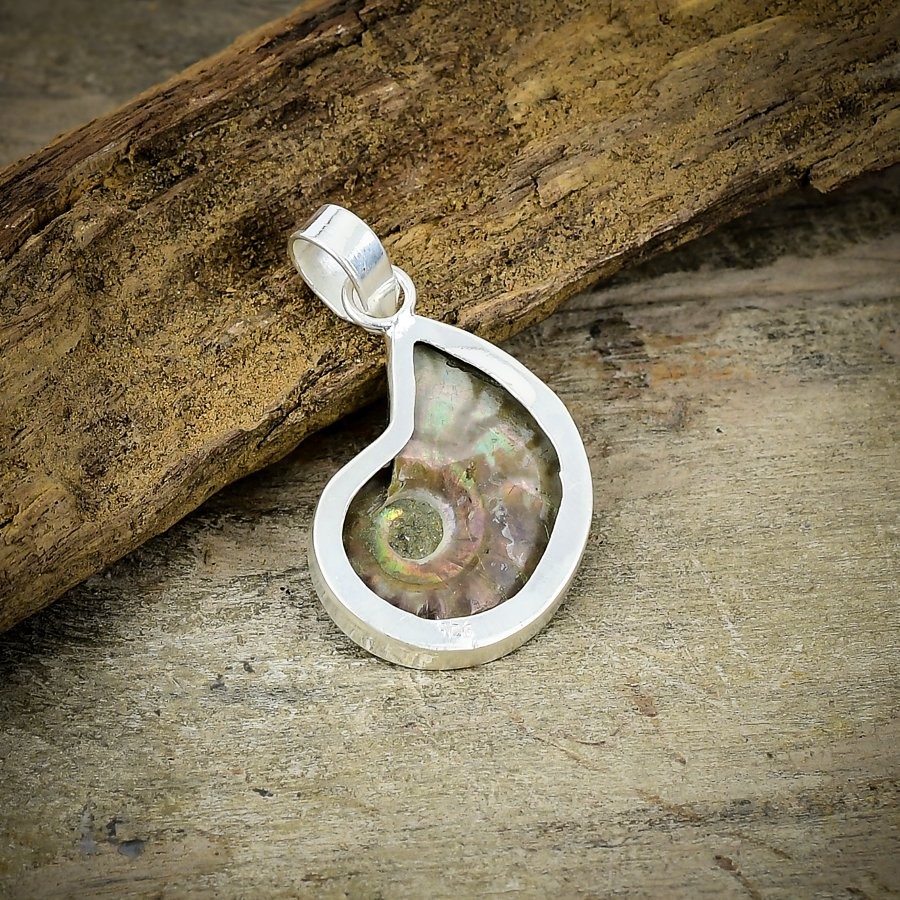Ammonite Fossil Gemstone Handmade 925 Sterling Silver Jewelry Pendant 1.65″ C374