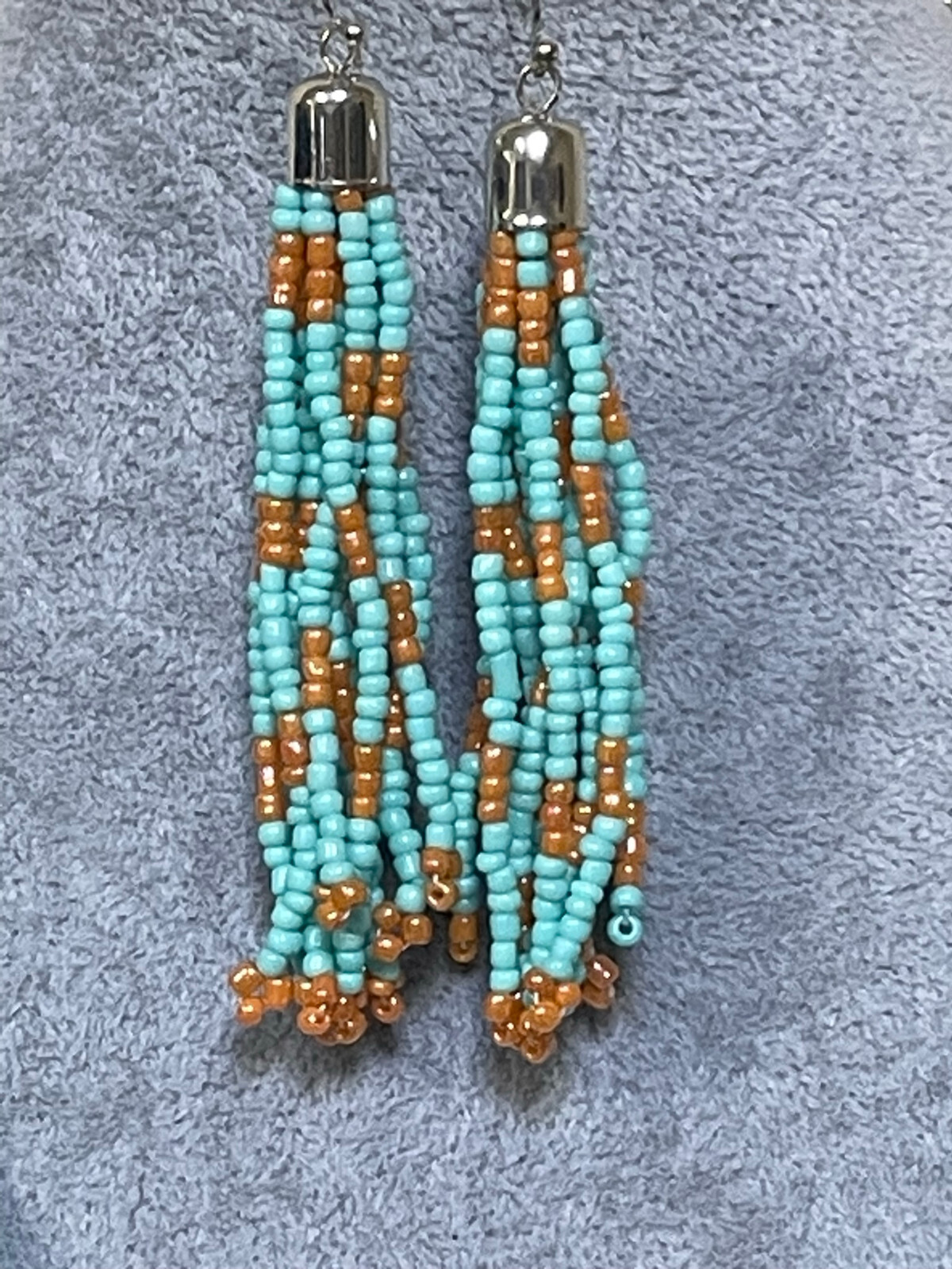 Multi Strand Light Blue And Peach Glass Seed Bead Necklace Earring