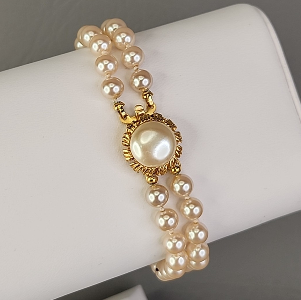 Vintage Faux Pearl Beaded Bracelet Two Strand Cream Knotted Push Lock 7″