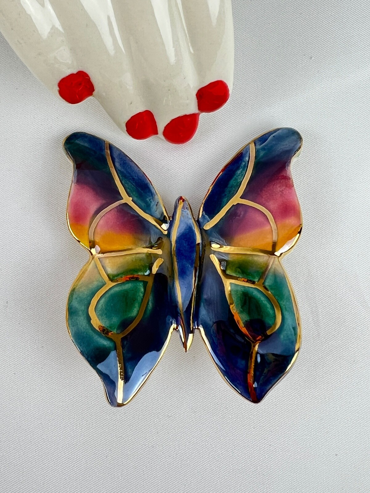 Handmade Large Ceramic Glossy Enamel Butterfly Brooch Multi Color Gold Detailing