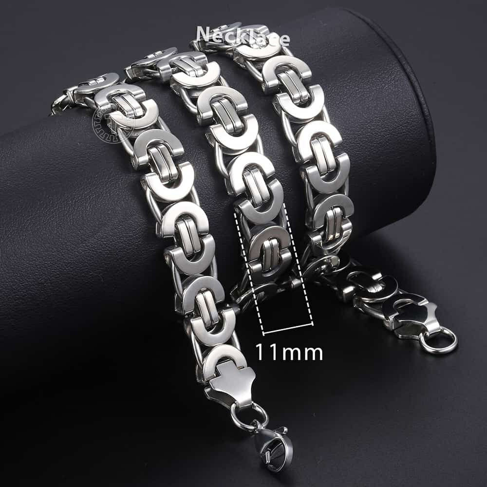 11mm Men’s Silver Flat Byzantine Chain Necklace Bracelet Set Stainless Steel