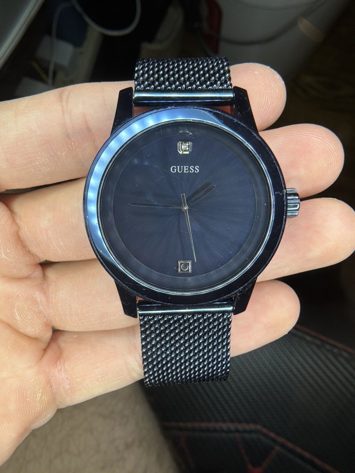 Guess Iconic Diamond Blue Dial Mesh Band Mens Watch U0297G2