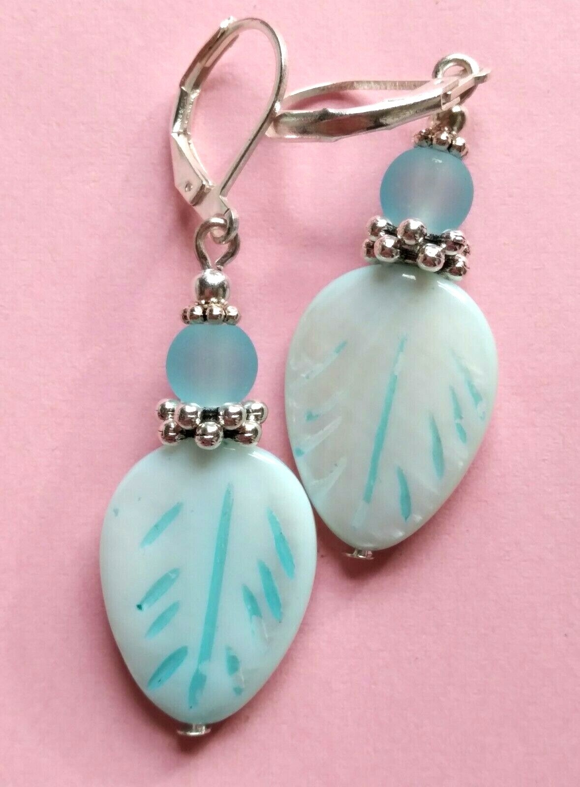 BABY BLUE Carved LEAF frosted crystal earring SP LEVERBACK artisan