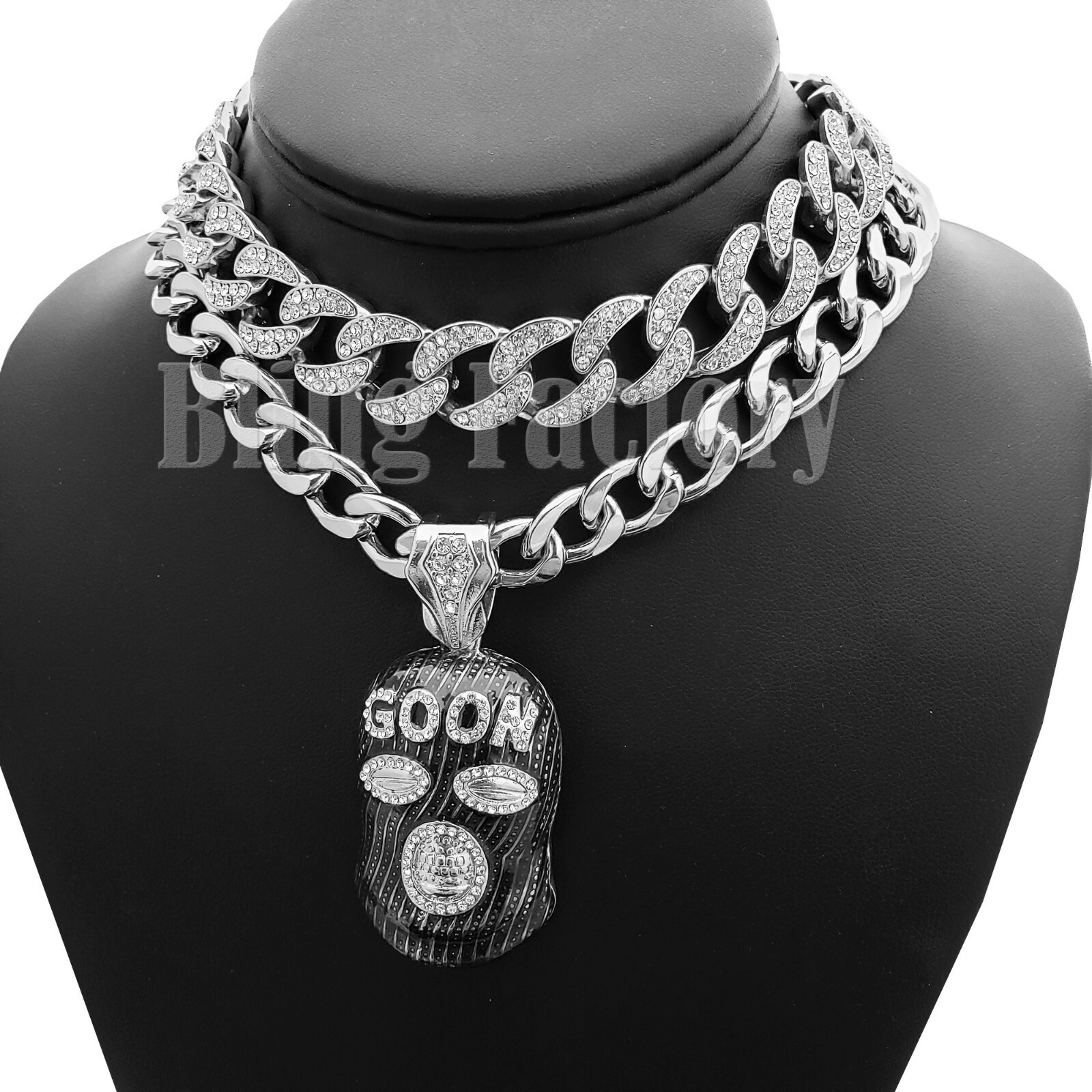 Hip Hop Rapper’s Masked Goon Pendant & 18″ Iced Cuban Choker Chain Necklace set