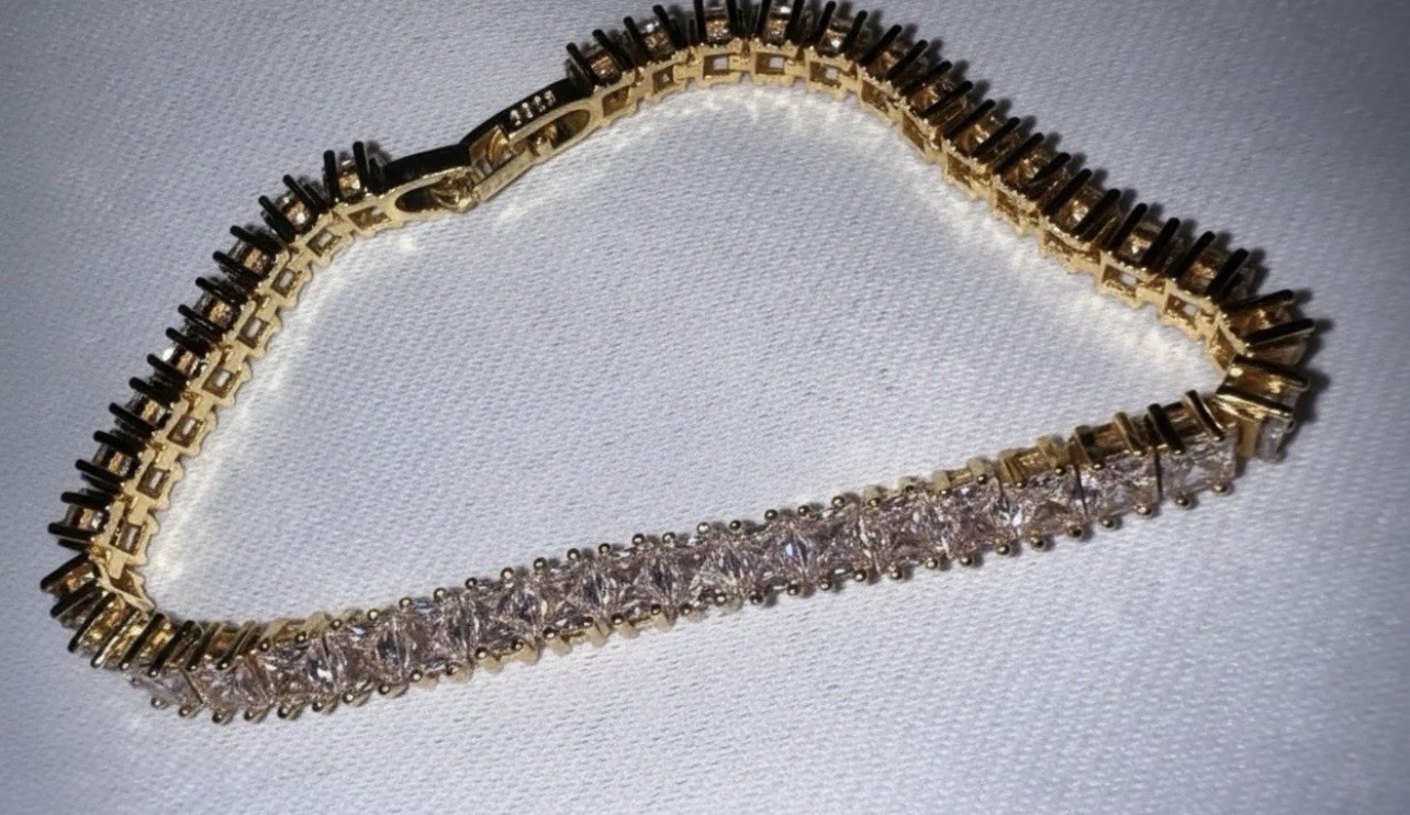 Sterling Silver Gold Plated Crystal Tennis Bracelet Princess Cut S925 Stamp