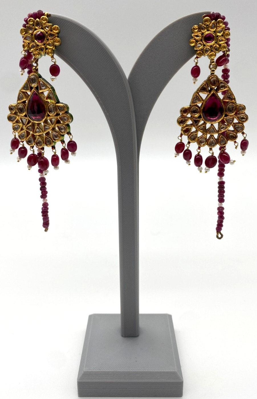 21K Gold Polki Diamond Ruby Chandbali Earrings / Jaipur Kundan Meenakari Beaded