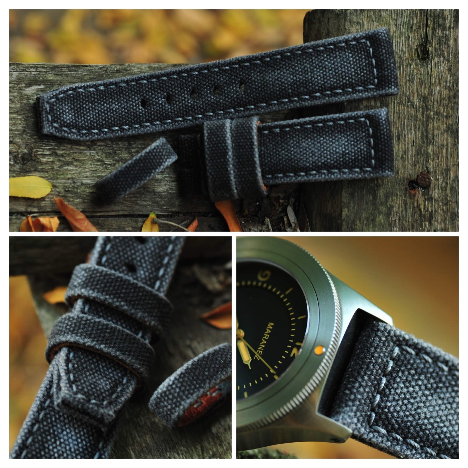 24/22 Distressed Black handmade rolled canvas watch strap Ready-Made US-DutyPaid
