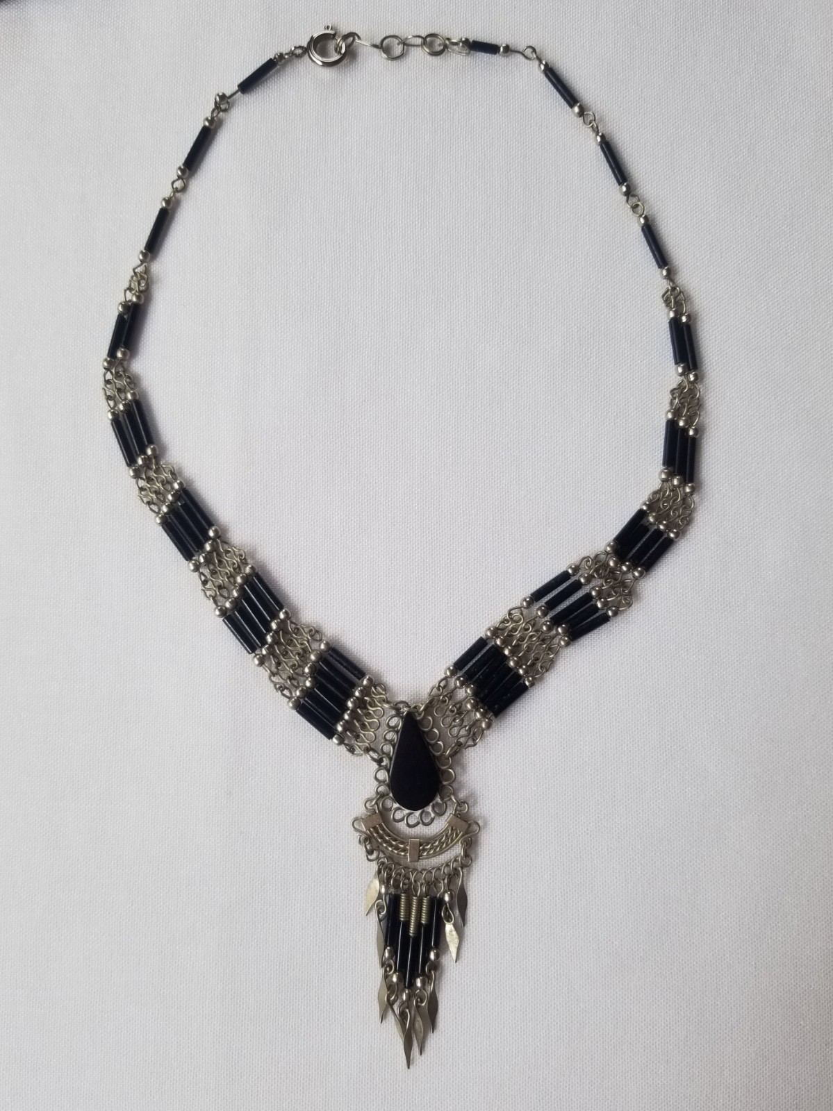 Vintage Peruvian Black Onyx Silver Hand Wired Waterfall Collar Necklace