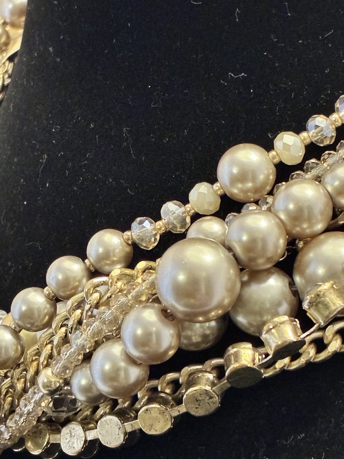 LOFT Gold Tone Layered Statement Necklace Imitation Pearl Crystal 18″ Adjust