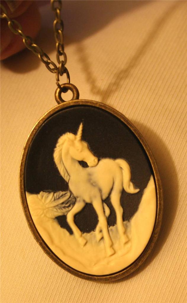 Handsome Navy Blue & Cream Unicorn Shiny Rimmed Brasstone Oval Pendant Necklace