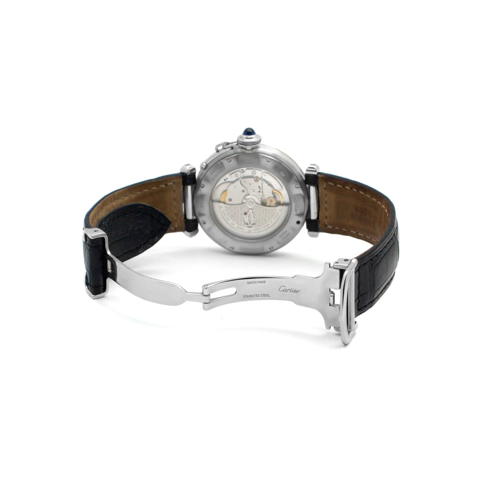 Cartier Pasha 38mm Automatic 2378 White Dial Date Steel Bezel Black Leather Band