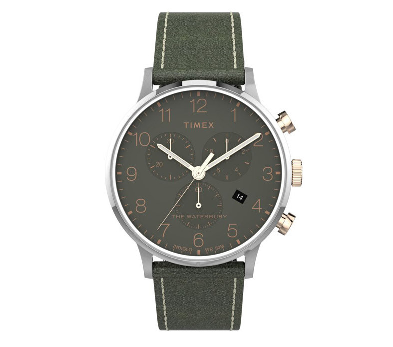 Timex Waterbury TW2T71400 Green Dial Chronograph Leather Strap Watch 40mm