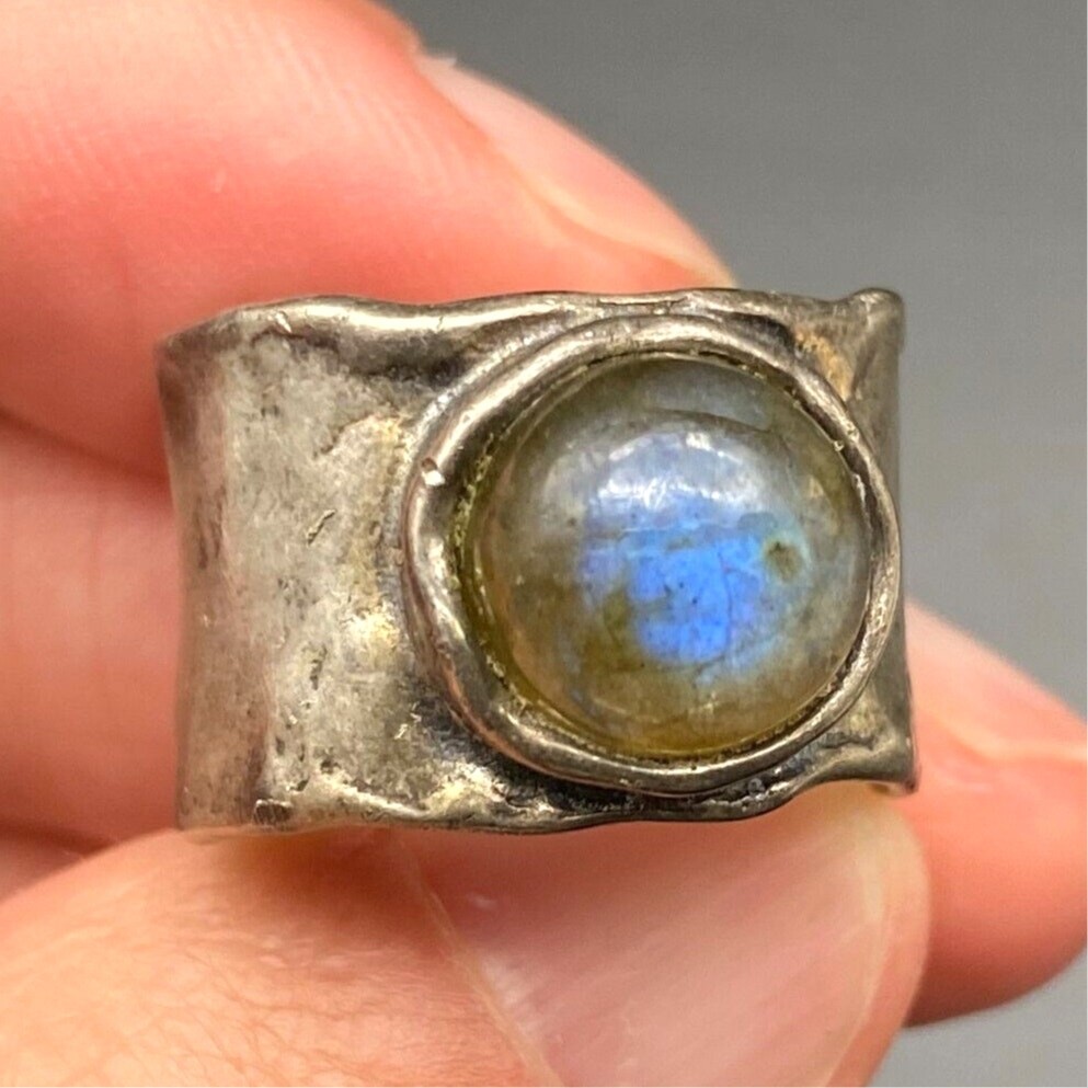 Vintage Israel Labradorite Sterling Silver Band Ring Size 7.5
