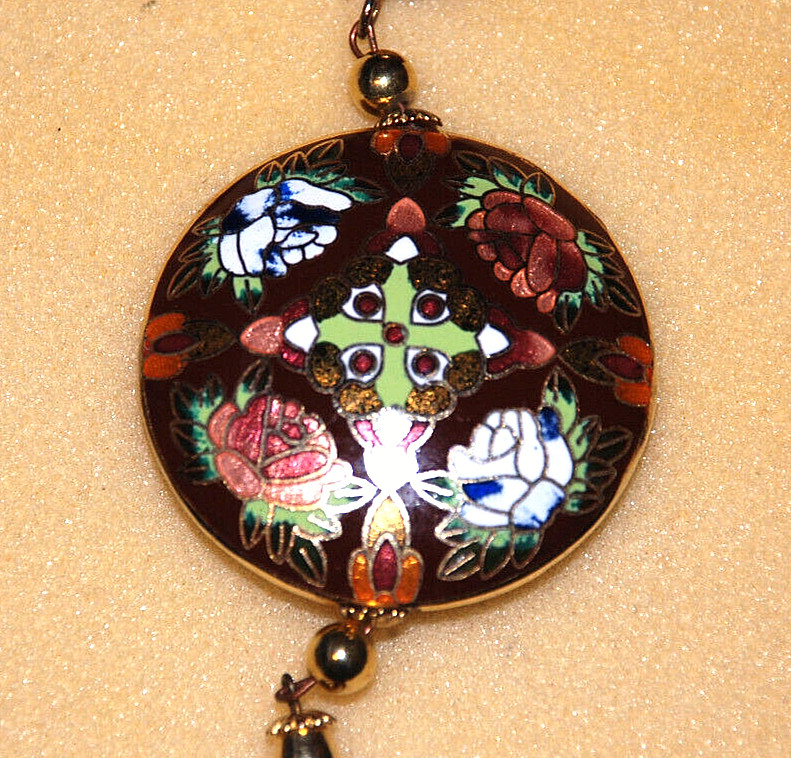 Cloisonne Asian Flower Tassel Necklace Pendant Enamel Gold Filled Silk Cord Boho